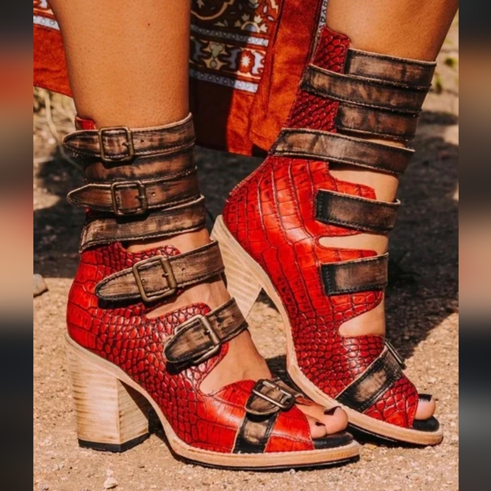 Freebird by Steven Red and Brown Croc-Embossed Buckle Sandals